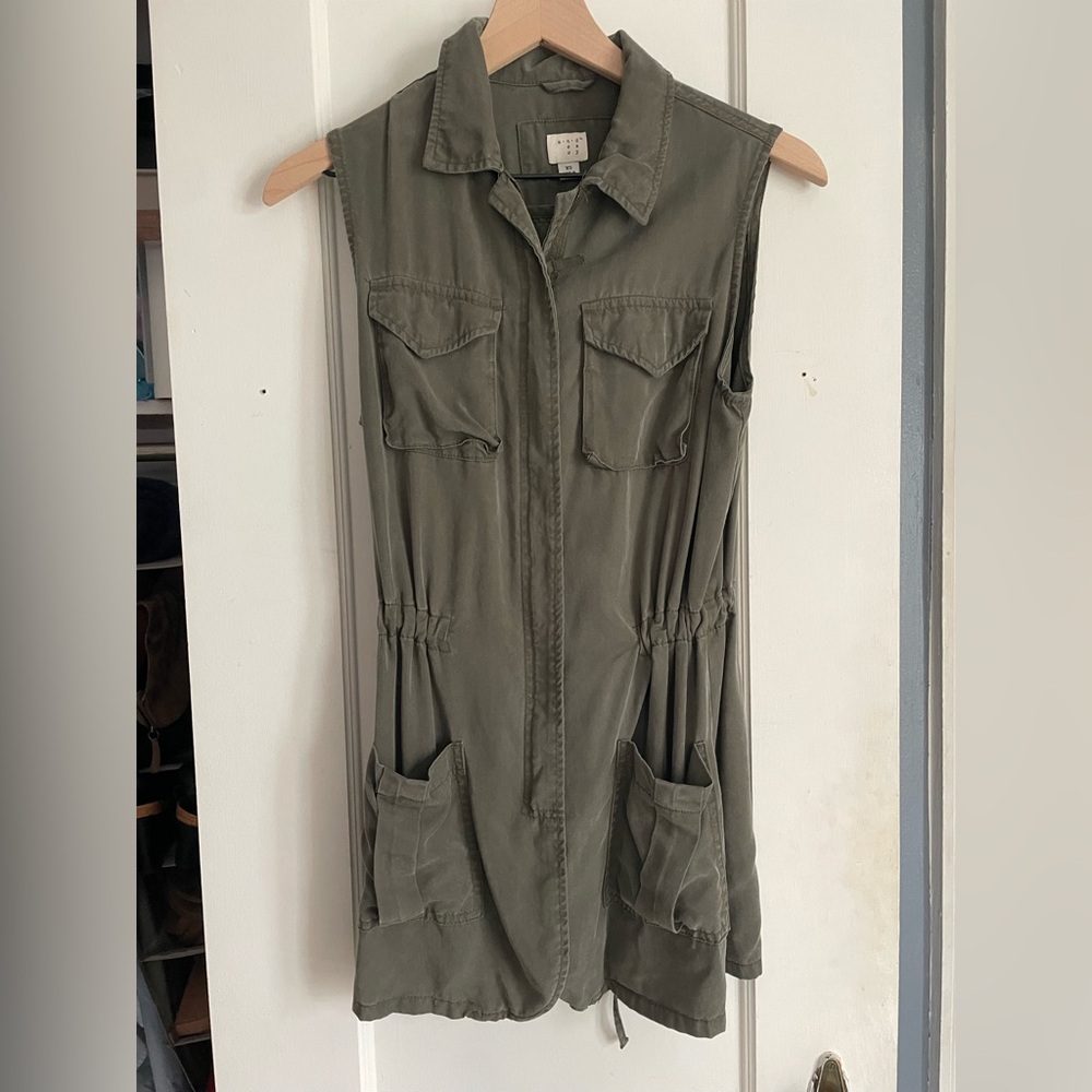 A New Day, long, army green, utility zip up vest, tie waist, size XS